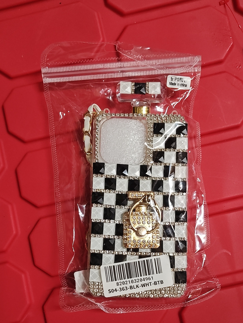 iPhone 13 Pro Black and White Checkered Bling Phone Case with Gold Accent